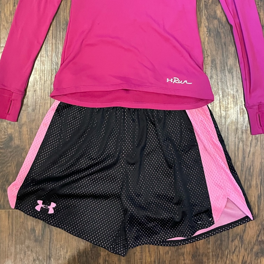 Pink and black Under Armor drawstring shorts